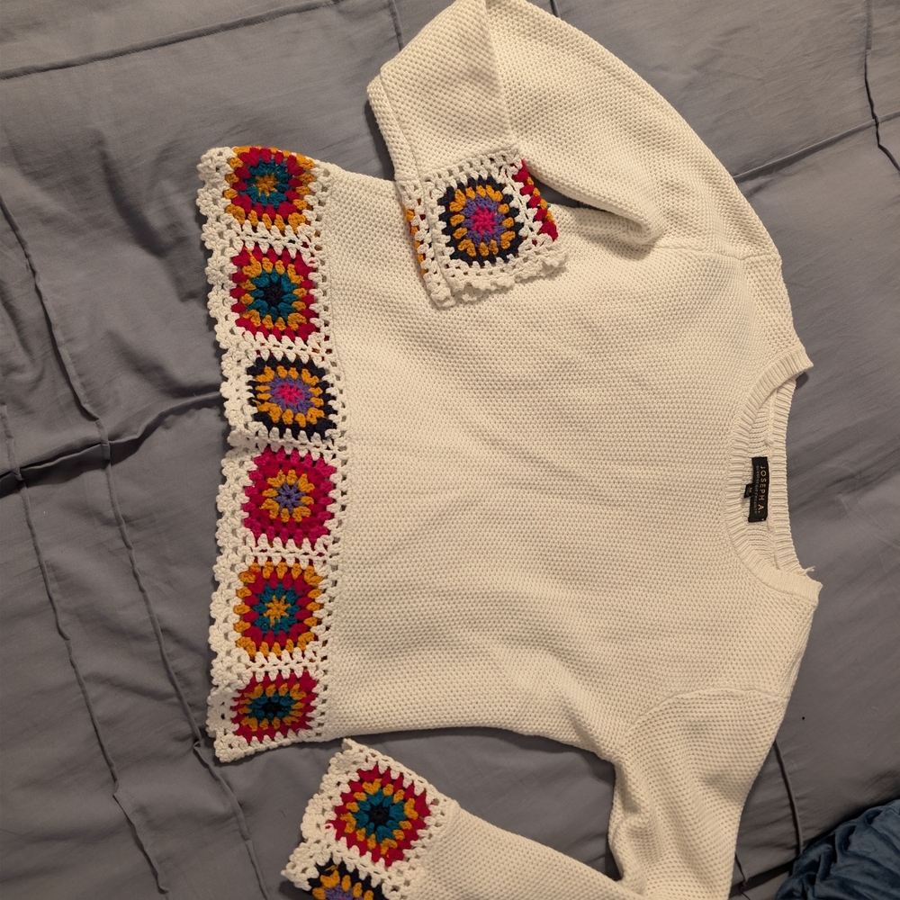 Vintage Y2K Joseph A Granny Square Crochet Border Sweater White Knit Size M - Picture 4 of 7